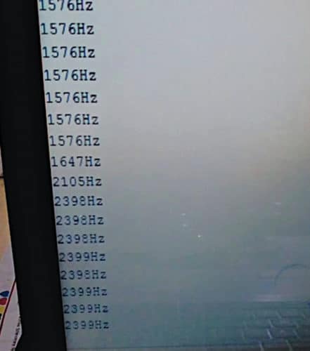 Test signal frequencies (1576Hz and 2399Hz) displayed on the serial monitor 