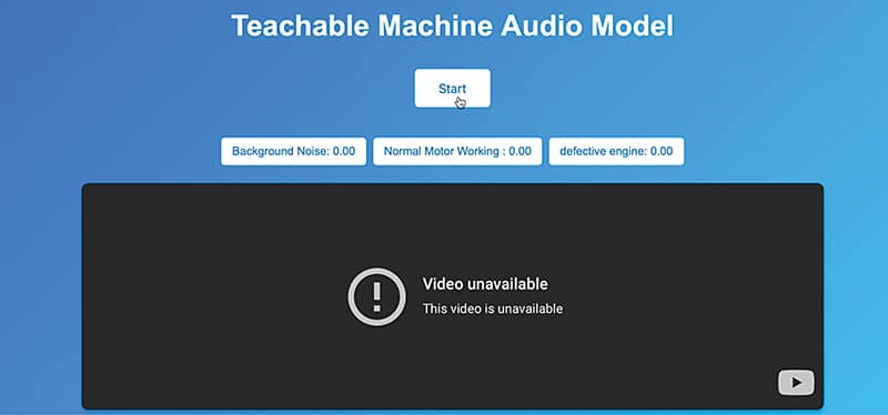 Teachable Machine Model Webpage UI running the trained ML