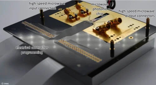 Packaged microwave photonic chip, with two high-speed inputs and two outputs, and control wires for programming the filter response and the input-output connections. The fiber array has not yet been connected in this picture. 